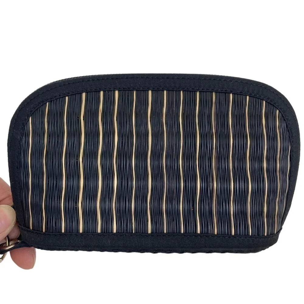 Baskets of Cambodia Woven Wristlet Make Up Bag Mini Coin Purse Black Cream OS